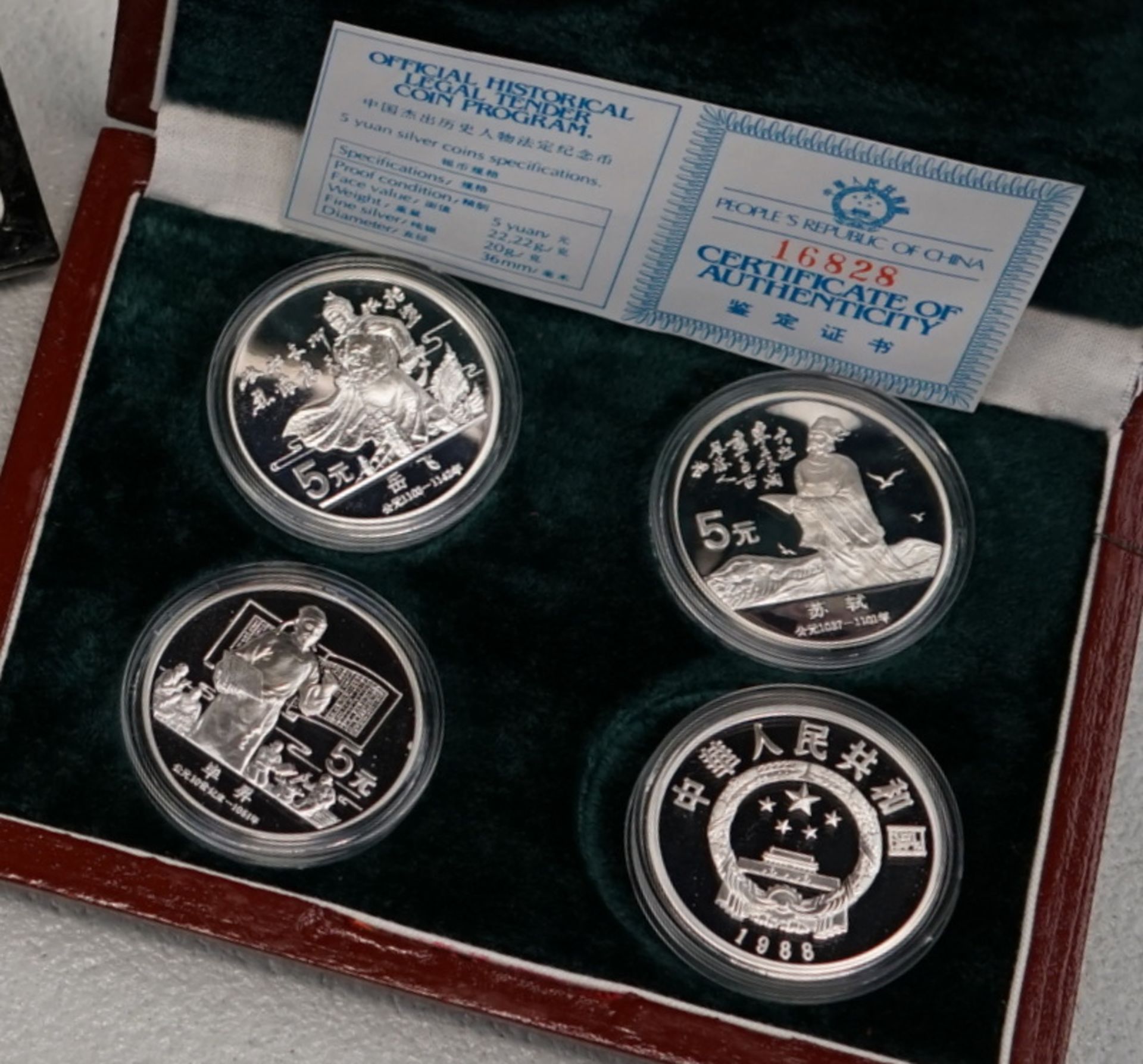 12 Münzen, Silber, China, 5 Yuan, 1986, 1987, 1988,jeweils 4x 1986,1987, 1988, 5 Yuan, Durchmesser - Bild 3 aus 3