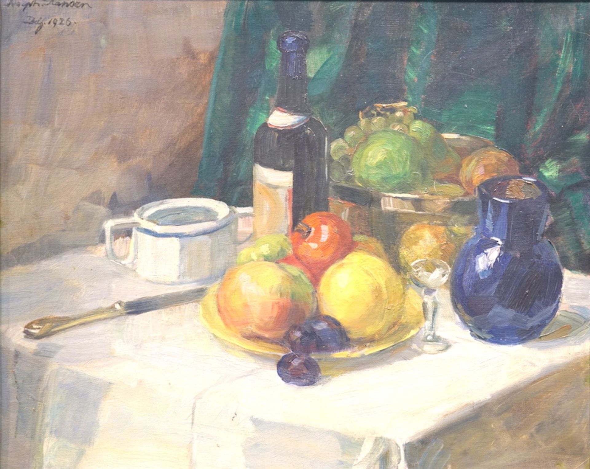 Hansen, Joseph (geb.1871 Elberfeld): Stilleben mit Früchten und Flasche,Düsseldorf 1926,Öl auf