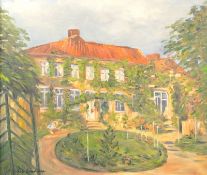 deutsche Malerin des 20.Jhd.: Blick durch einen Garten auf ein Herrenhaus,Öl auf Leinwand,
