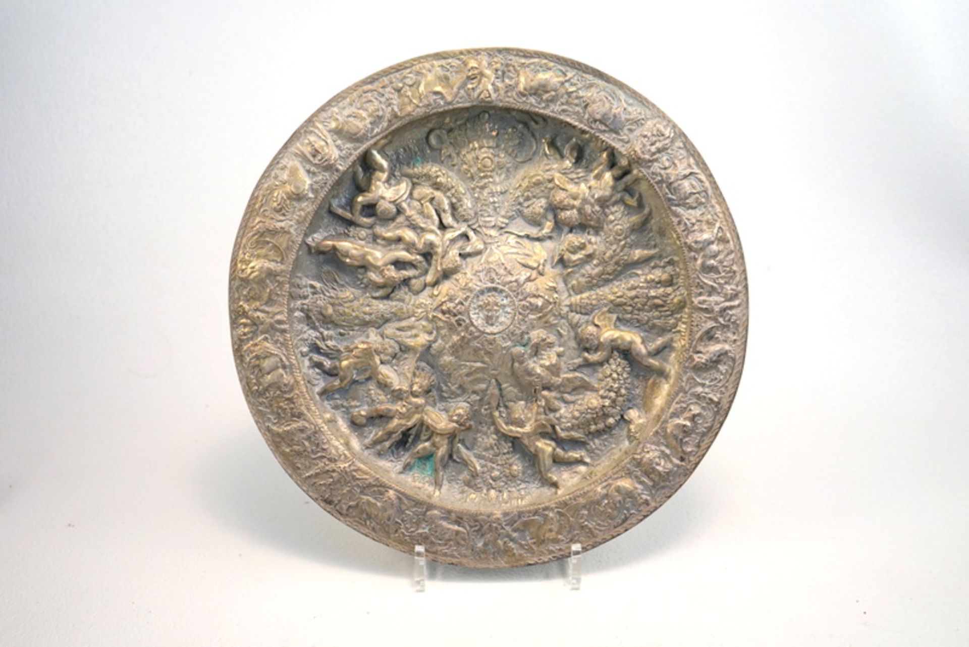 Reliefteller nach barockem Vorbild,Galvanoplastik, 34cm Durchmesser, Kupfer versilbert, Gewicht