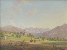 F.Hauser: Österreichische Dorfkulisse vor Berglandschaft, um 1880,signiert unten rechts "F. Hauser",