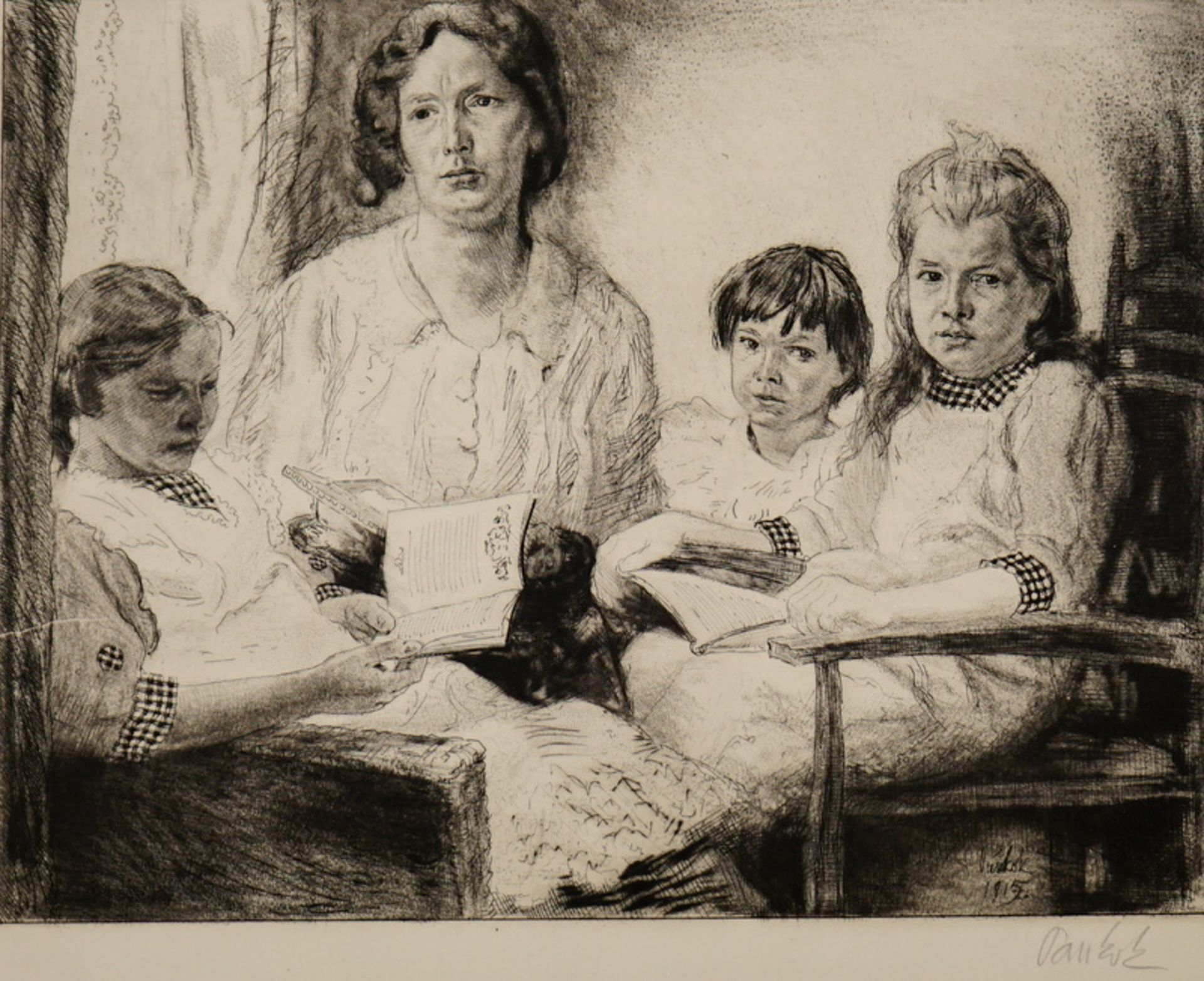 Pankok, Bernhard (1872 Münster (Westfalen); † 1943 in Baierbrunn): Familienporträt,Radierung, in der