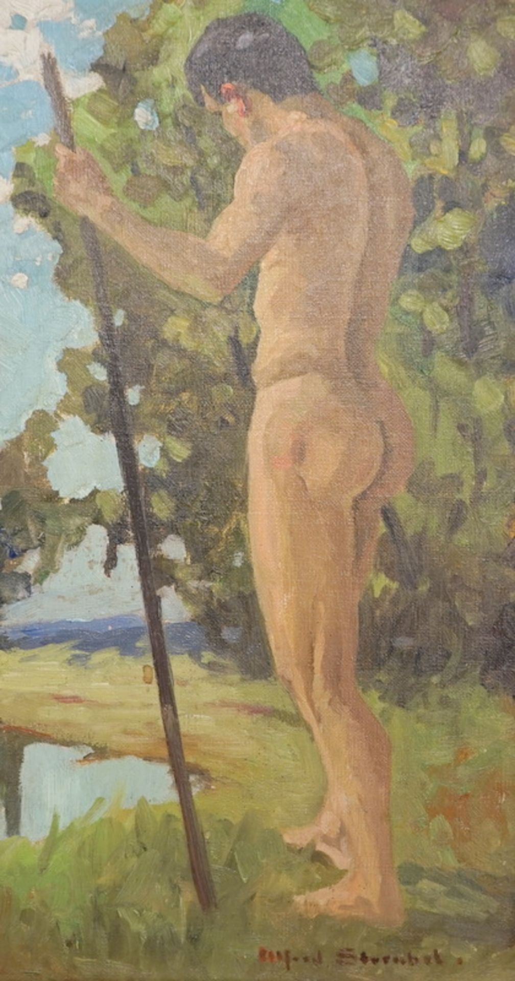 Streubel, Alfred (1861-1947): Männlicher Akt mit Spazierstock,Öl auf Leinwand, signiert unten rechts