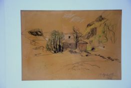 Landschaft am Gardasee, dat. (18)99,Kreide auf Papier, datiert unten rechts "10. april 99", mit