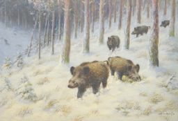 Dederichs, Josef (1873 Bleibuir - 1958 Köln): Wildschweinrotte in winterlichem Wald,Öl auf Leinwand,
