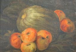 unbekannter Maler des 19. Jhd.: Stillleben mit Melone und Äpfeln,unsigniert, möglicherweise
