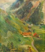 Gärtner, B. (unentschlüsselt): Alpine Gebirgslandschaft mit Gehöft, dat. 1936,Öl auf Leinwand, unten