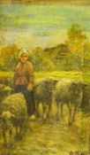 Bäuerin mit Schafsherde,im Hintergrund Gehöft, Öl auf Holzpaneel, unentl. Signiert unten rechts,