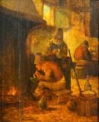 Kleines Genrestück, Niederlande, Ende 19. Jhd.,Bauern mit Pfeiffe und Bierkrug wärmen sich am Feuer,