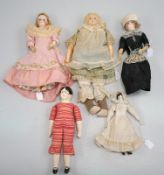 Sammlung von fünf alten Puppen, 1. Hälfte 20. Jhd.,alle mit Porzellanköpfen, Leder- oder