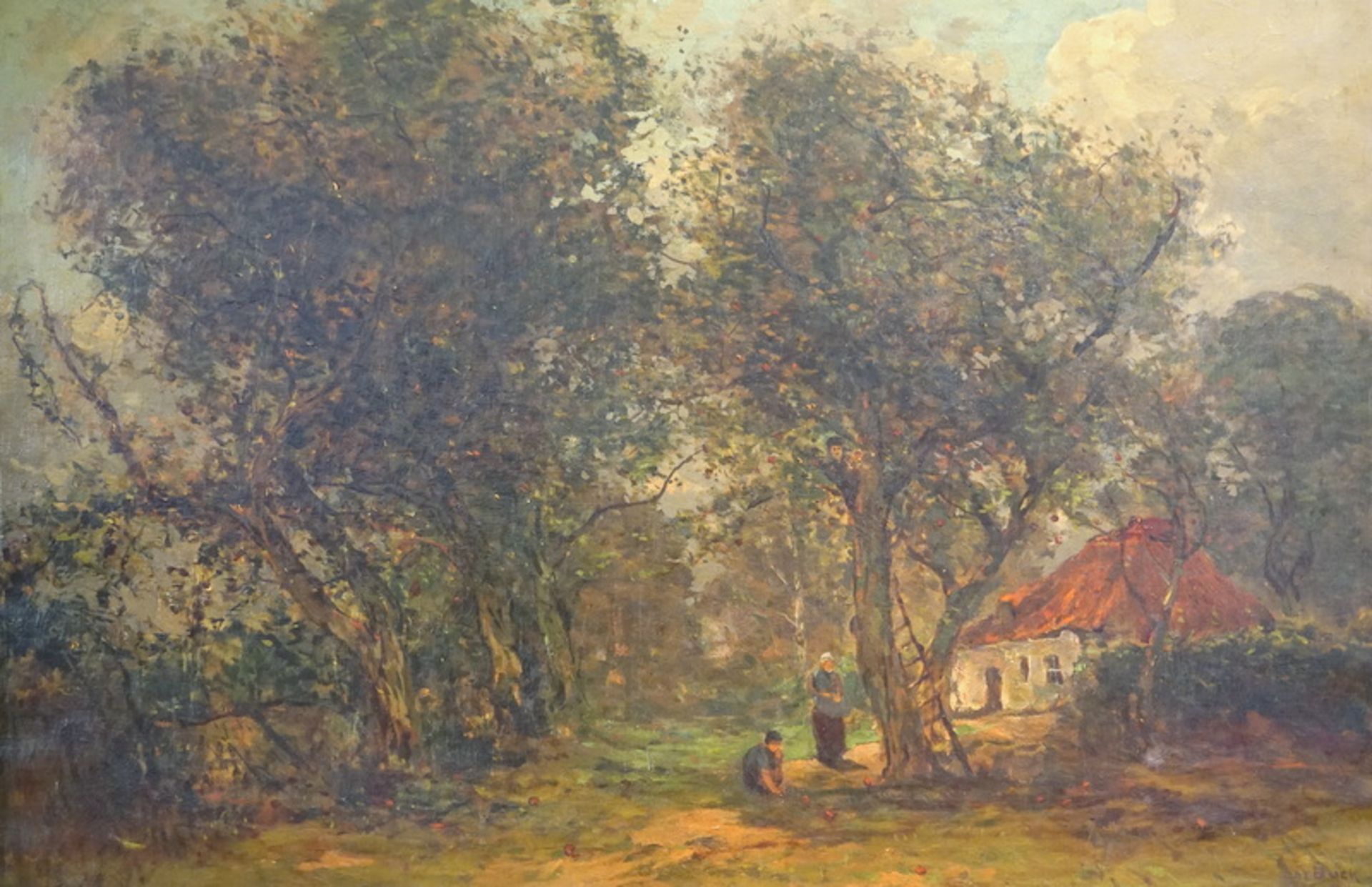 de Buck, Leonard (1874-1954): Baumbestandene Landschaft mit Apfelpflückern, ca. 1914,Öl auf - Image 2 of 6