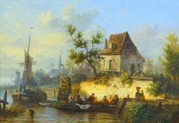 Reding, Laurent Herman (1822-1861): Holländische Flussuferansicht mit heimkehrenden Booten,