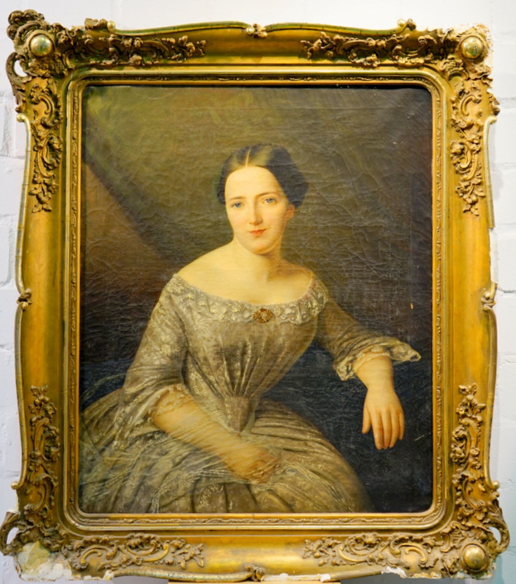Großes Ehebildnis einer Dame, 19. Jhd.,großformatiges Halbfigurenporträt einer sitztenden Dame in
