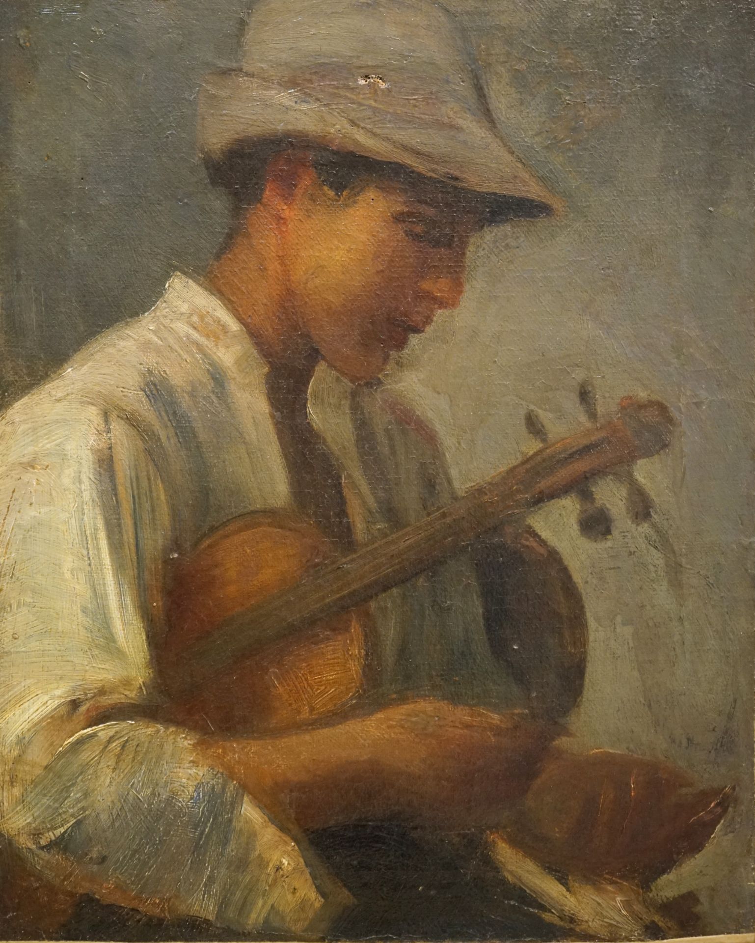 Hüftbildnis eines Gitarrenspielers, 19. Jhd.,grober Pinselstrich, Öl auf Leinwand, Maße 31 x 38cm,