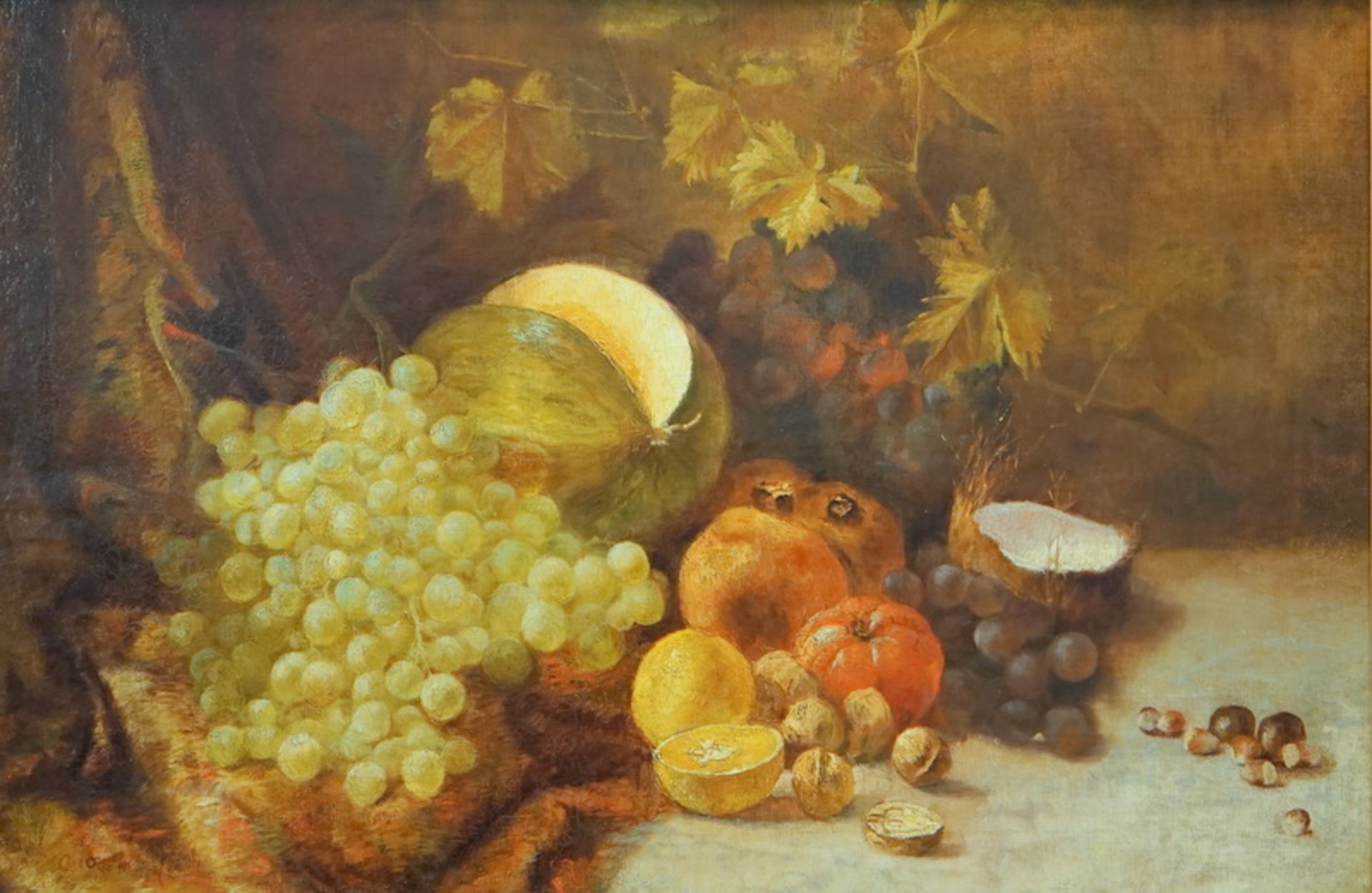 Holm, Carl Otto ( 1917 972 Colorado City, Arizona): Großes Stilleben mit Melone und Trauben,Öl auf