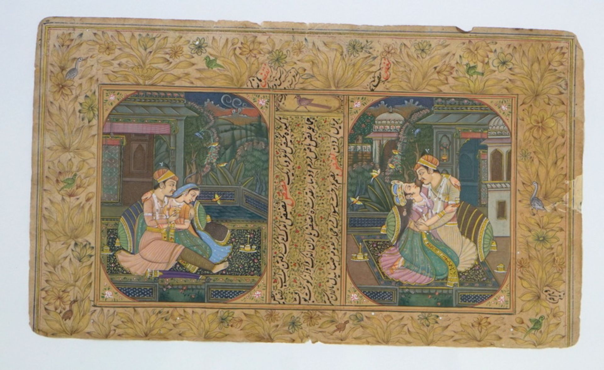 Feine persische Buchmalerei, 19.Jhd.,polychrome Malerei und Goldakzentuierung auf Papier, zwei