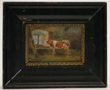 Kleinformatiges Gemälde einer Kuh im Stall,Öl auf Platte, unleserlich signiert unten links, Maße
