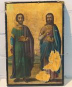 Ikone Anargyroi mit den Heiligen Cosmas und Damian, Griechenland, Ende 19. Jhd.