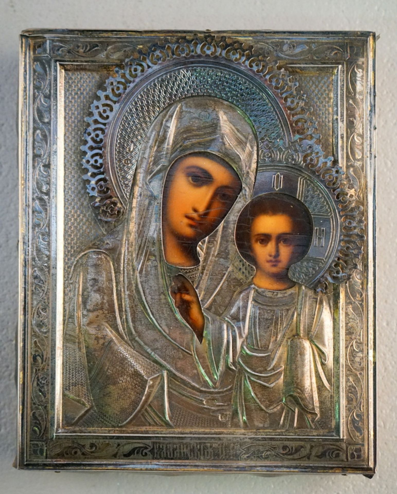 Feine russ. Ikone Gottesmutter von Kasan, 84 Zol. Silber Moskau