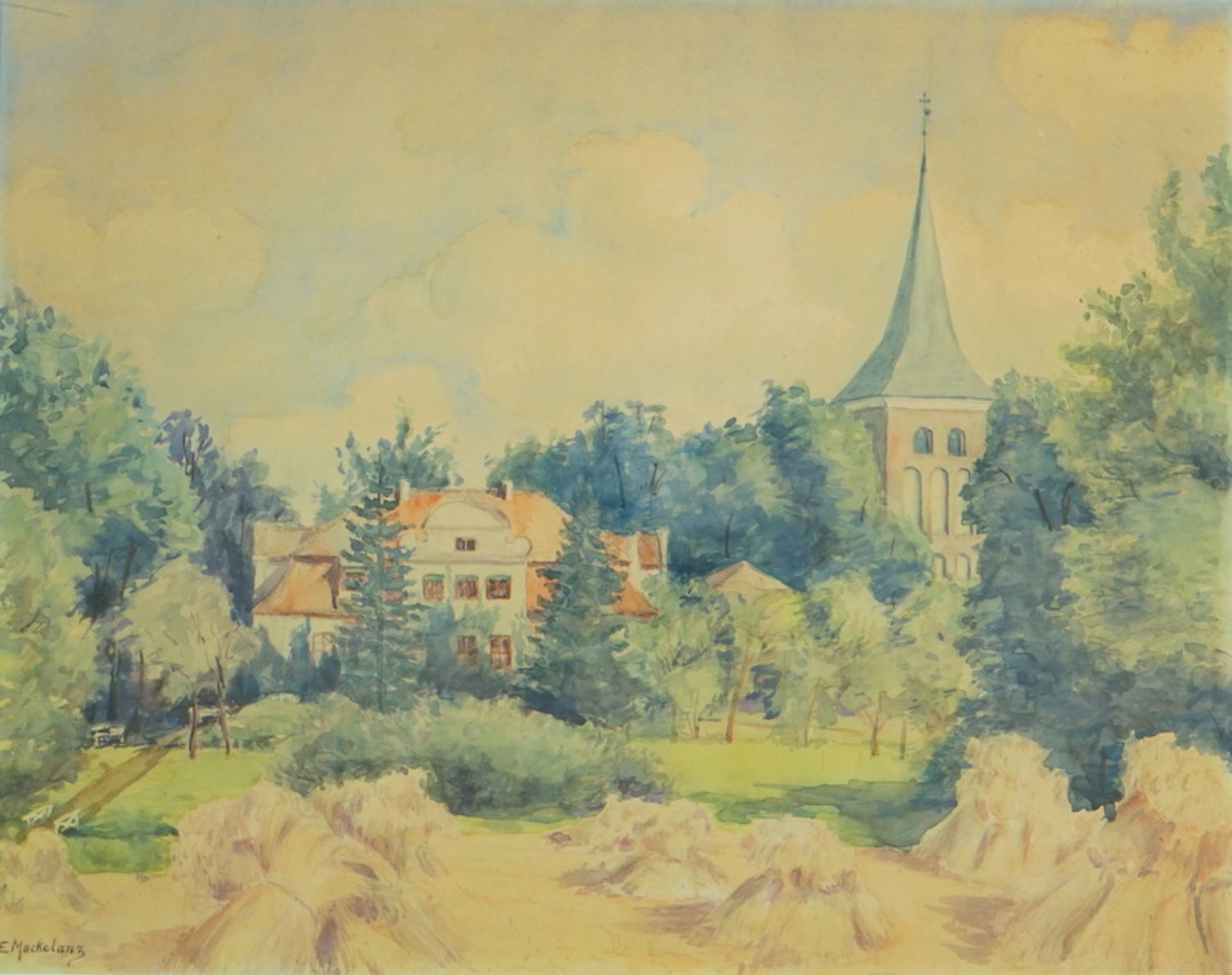 Macketanz, E. (unentschlüsselt): Ansicht eines Gutshauses mit Kirche
