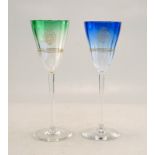 Ein blaues und ein grünes Lucca Liqueur Glas, Entw. Koloman Moser um 1900