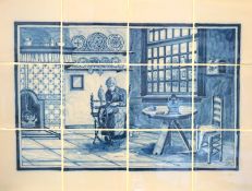 Fliesenbild, holländisches Interieur mit Dame am Spinnrad, dat. (19)74