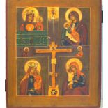 Vier-Felder-Ikone mit Darstellungen der Gottesmutter und Kreuzigung Christi, Russland, um 1800