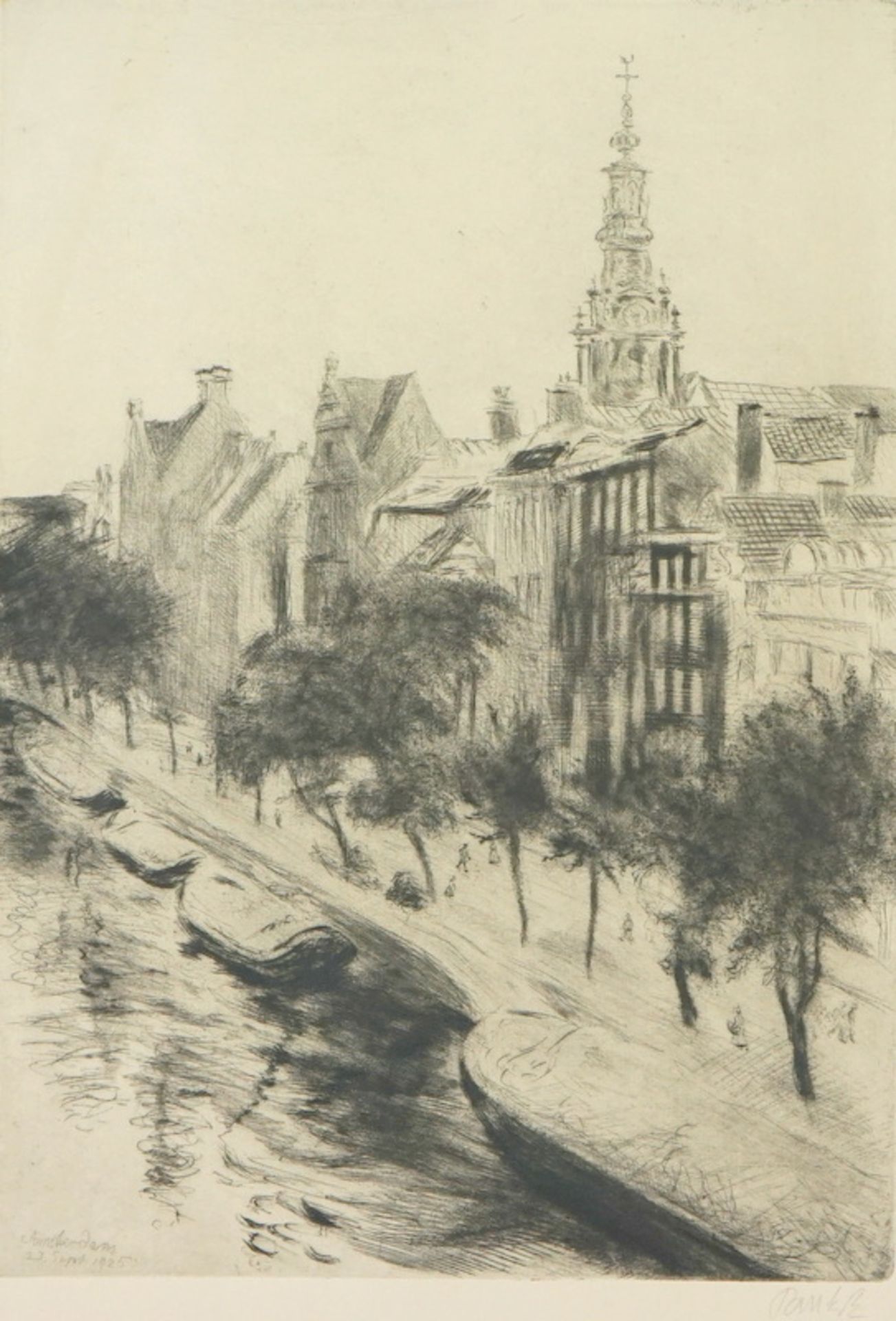 Pankok, Bernhard: "Amsterdam" Blick auf Grachten mit Booten, Baumreihen, Häusern und die Oude Kerk