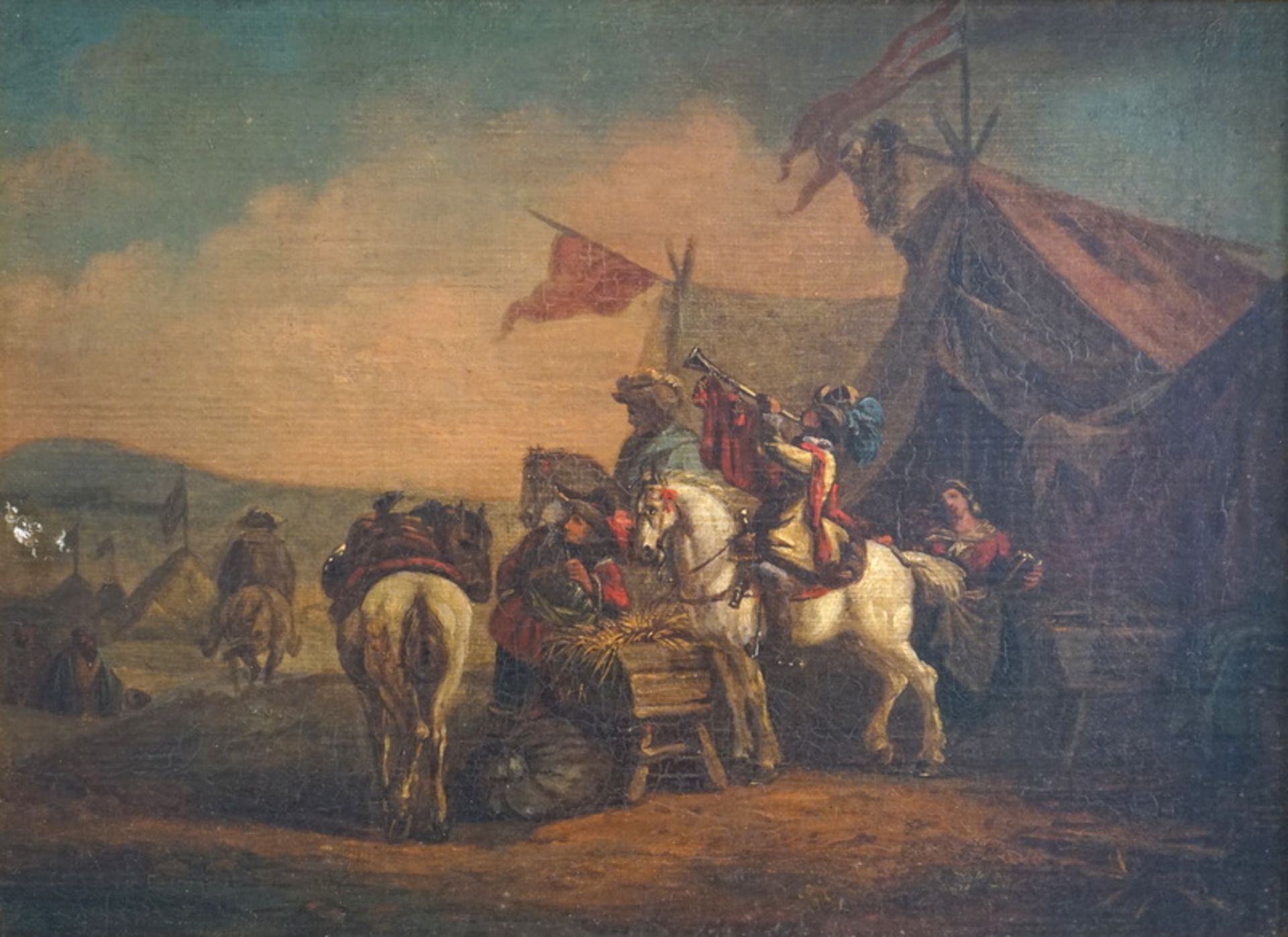 Wouwerman, Philips (1619-1668): Pärchen Altmeistergemälde: Feldlager mit Zelten und Soldaten