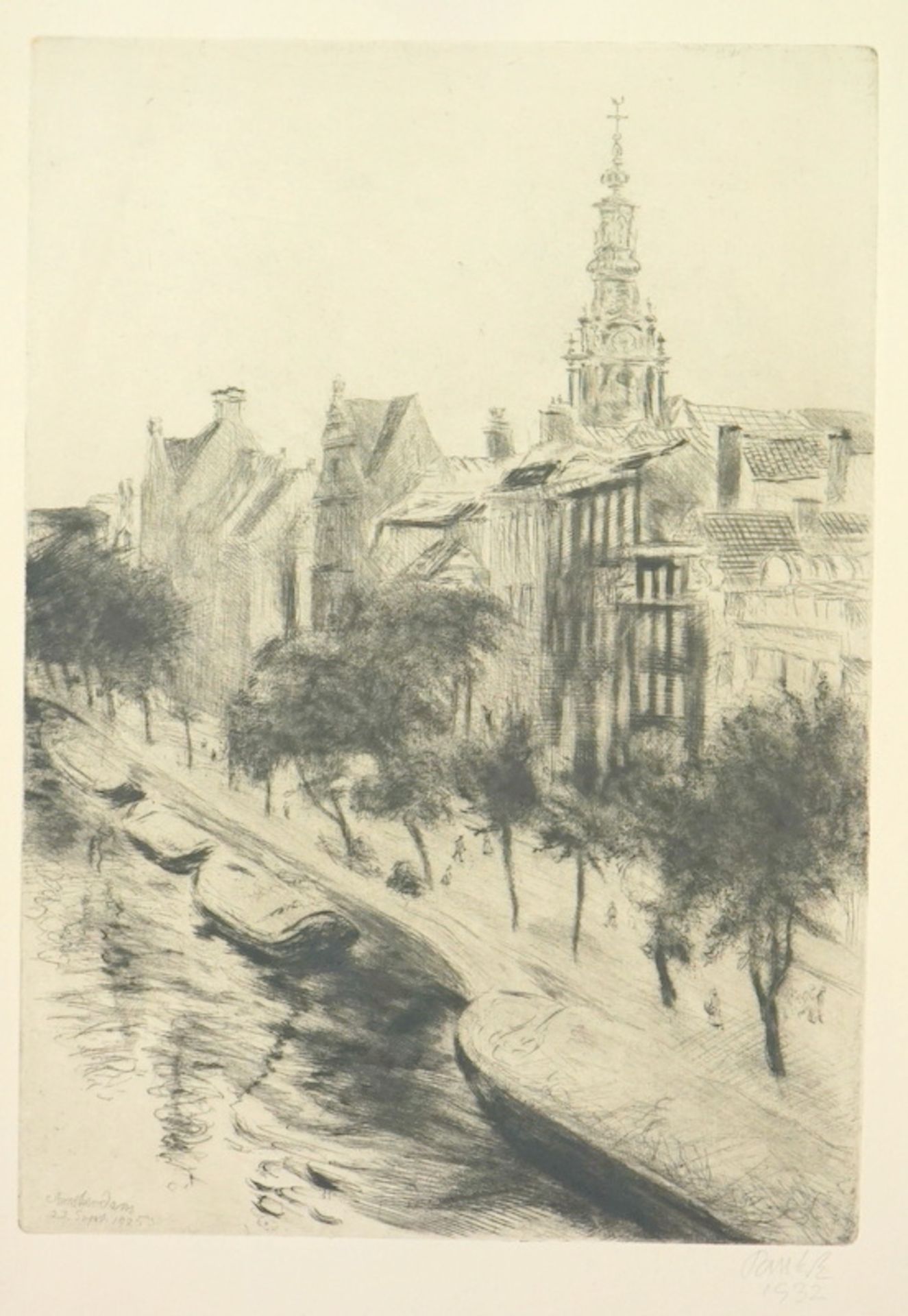 Pankok, Bernhard: "Amsterdam" Blick auf Grachten mit Booten, Baumreihen, Häusern und die Oude Kerk - Bild 2 aus 3