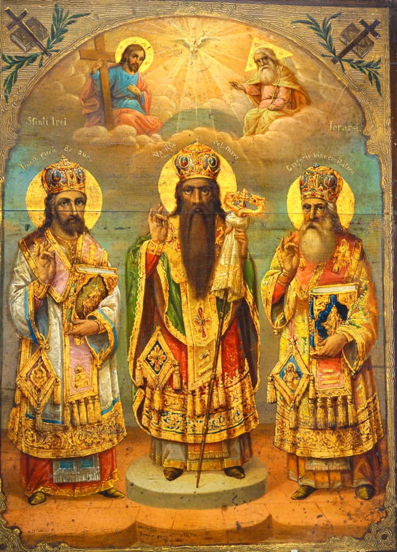 Slavische Ikone "Die Drei Hierarchen" 1907, signiert Matache