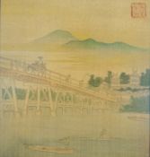 Feine Malerei auf Seidenstoff Brücke mit Stadtpanorama, China 19. Jhd.