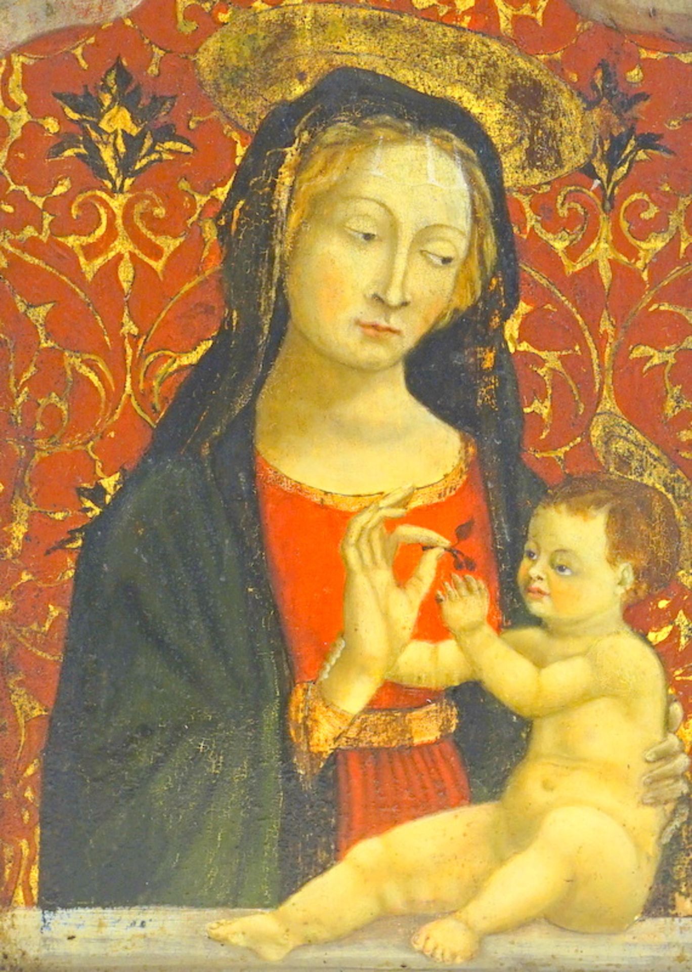 Madonna reicht dem Jesuskind ein Paar Kirschen, Norditalien wohl ca. um 1480 - Image 3 of 4