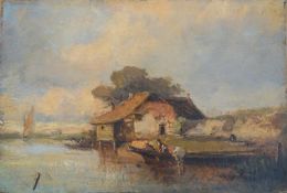 Niederländischer Meister: Niederländische Flusslandschaft mit Plattbodenseglern, 19. Jahrhundert