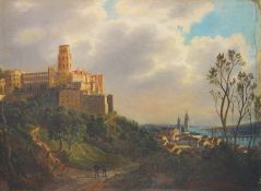 Romantischer Meister des 19. JH.: Blick auf Alt Heidelberg mit Schloss und Wanderern