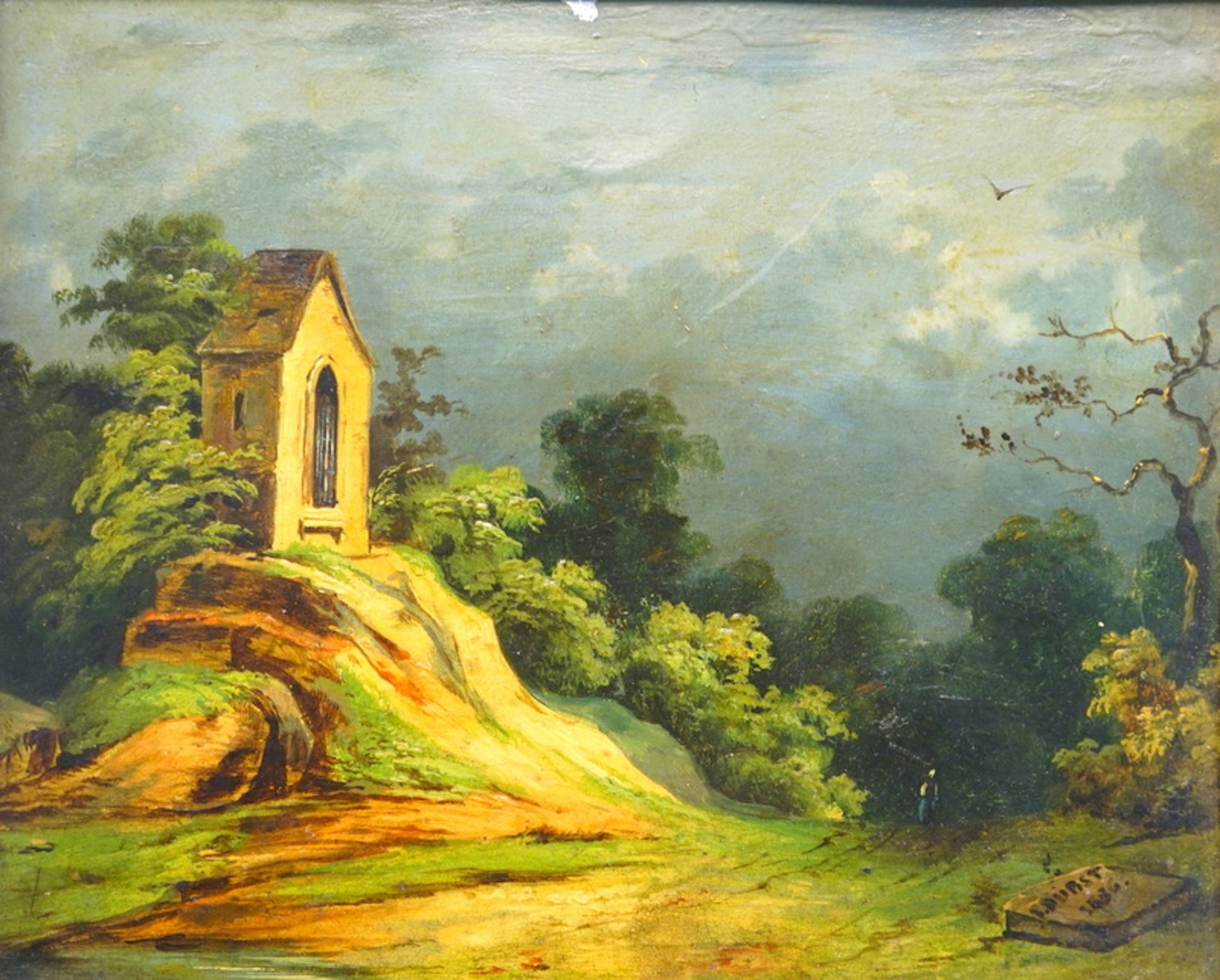 Durst, J: Kleiner Felsenaltar mit Wanderer, dat. 1836 - Bild 2 aus 3