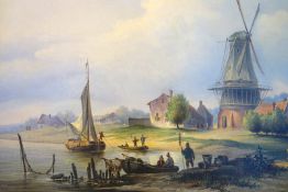 Hilverdink, Johannes: Holländische Flussuferlandschaft mit Windmühle