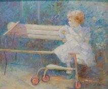 Fileti, F. v. (Neoimpressionist): Mädchen mit Rüschenkleid im Morgenlicht auf Gartenbank