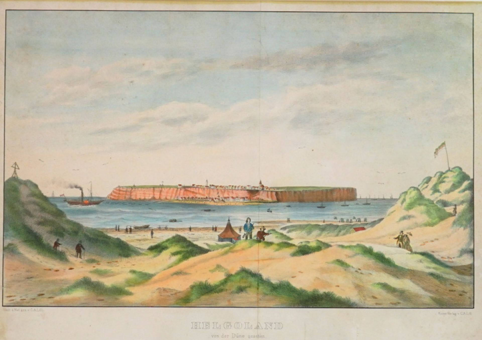 Lill, Friedrich Karl Alexander: Altkolorierte Lithografie „Helgoland von der Düne gesehen„ 1840