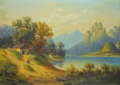 süddeutscher Romantiker 19 JH., unsigniert: Majestätischer Bergsee mit Hochgebirgshütte