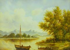 Ross, Herbert: Landschaftsansicht mit See und Fischerboot