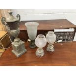 Brass campana urn shape lamp base, pair of cut glass lamps another lamp and a illuminated poker room
