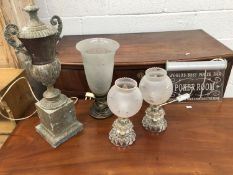 Brass campana urn shape lamp base, pair of cut glass lamps another lamp and a illuminated poker room
