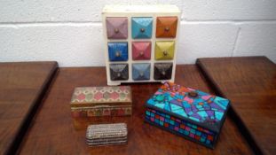 Set of miniature drawers height 23.5cm, enameled brass Indian box, a box made in Bali, and a smaller