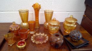 A pair of carnival glass vases, and other carnival glass.