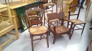 Oak side chair with rush seat, early 20th century and an assortment of five other chairs