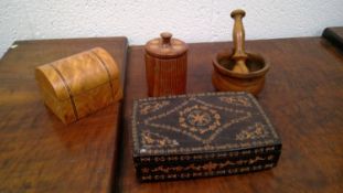 Burr walnut inlaid domed topped jewelry box, cylindrical treen box and cover, brass inlay box, and a