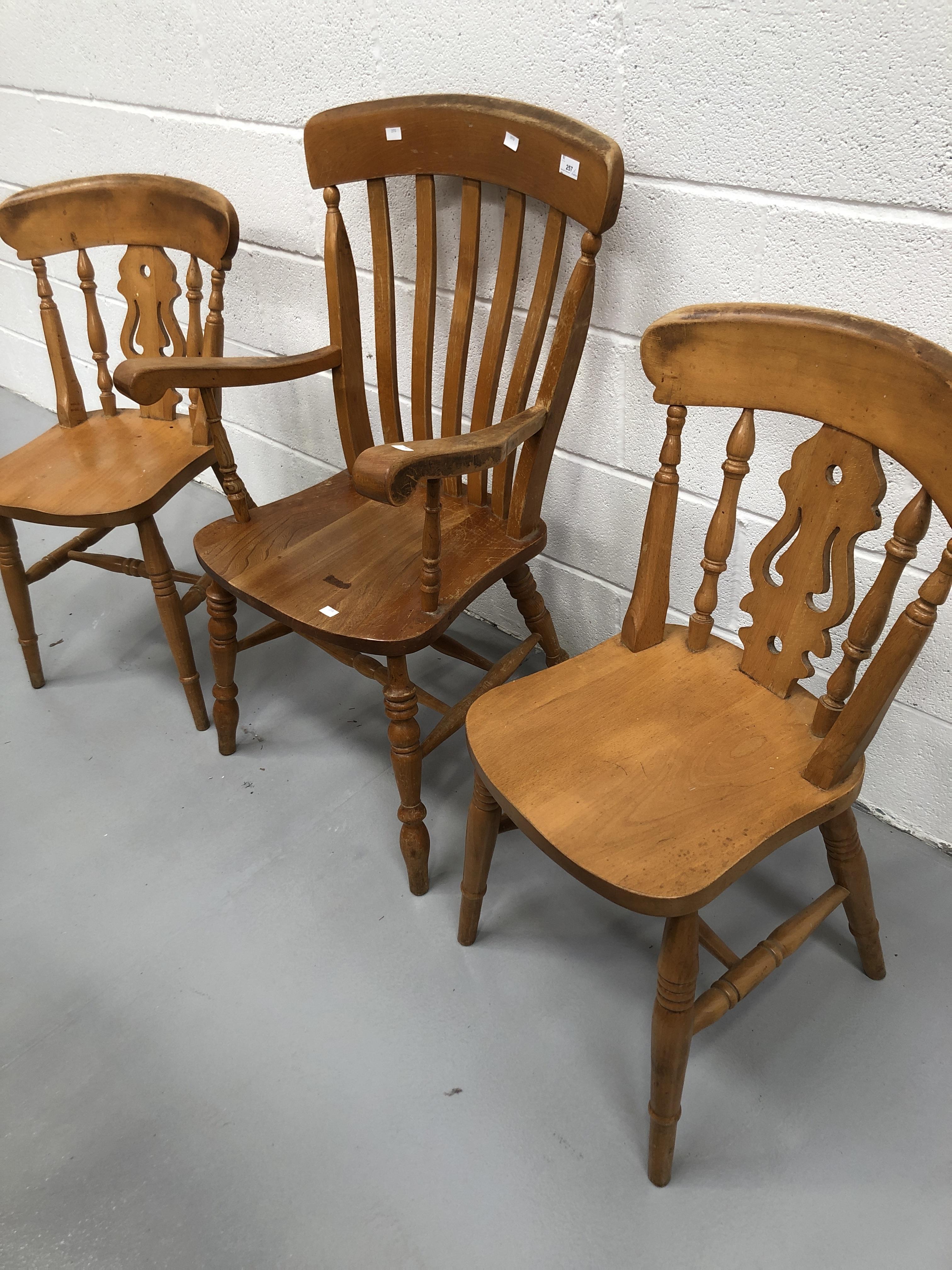 Windsor lathe back armchair, and a pair of pine stick back chairs - Image 2 of 2
