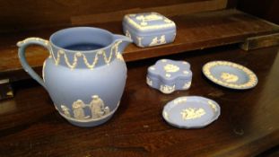 Wedgwood Jasperware jug, trinket boxes, and pin trays