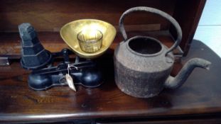 The Salter Staffordshire scales with various weights, and a large cast-iron kettle.